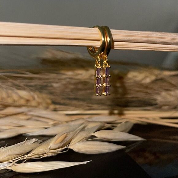 Gold Plated Dangle Huggie Hoop Earrings Dainty Minimalistic Silver CZ gems - Picture 2 of 4